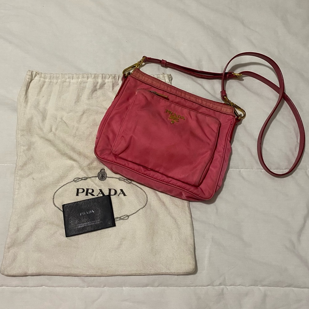 Authentic Prada Tessuto + Saffian Crossbody in Peonia